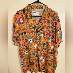Roberto Lugo Floral Skulls and Trucks Printed Rayon Button Down Shirt